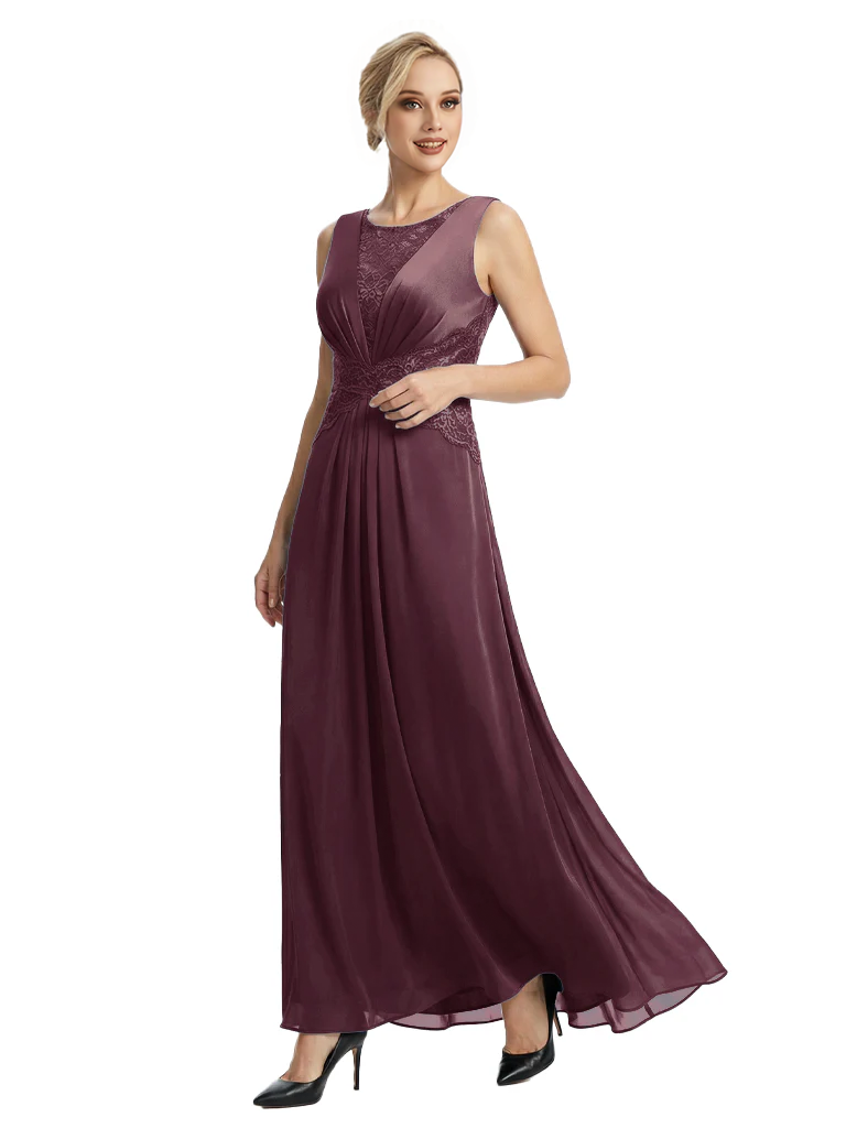 Mother of The Bride Dresses Scoop Sleeveless Lace Chiffon Maxi Gown Classy Ruched Formal Wedding Event Dress