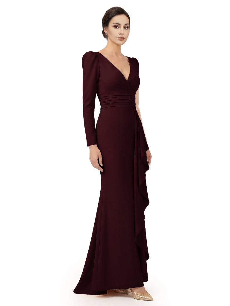 V-Neck Long Sleeves Ruffle Crepe Mother Of The Groom Dress Mermaid