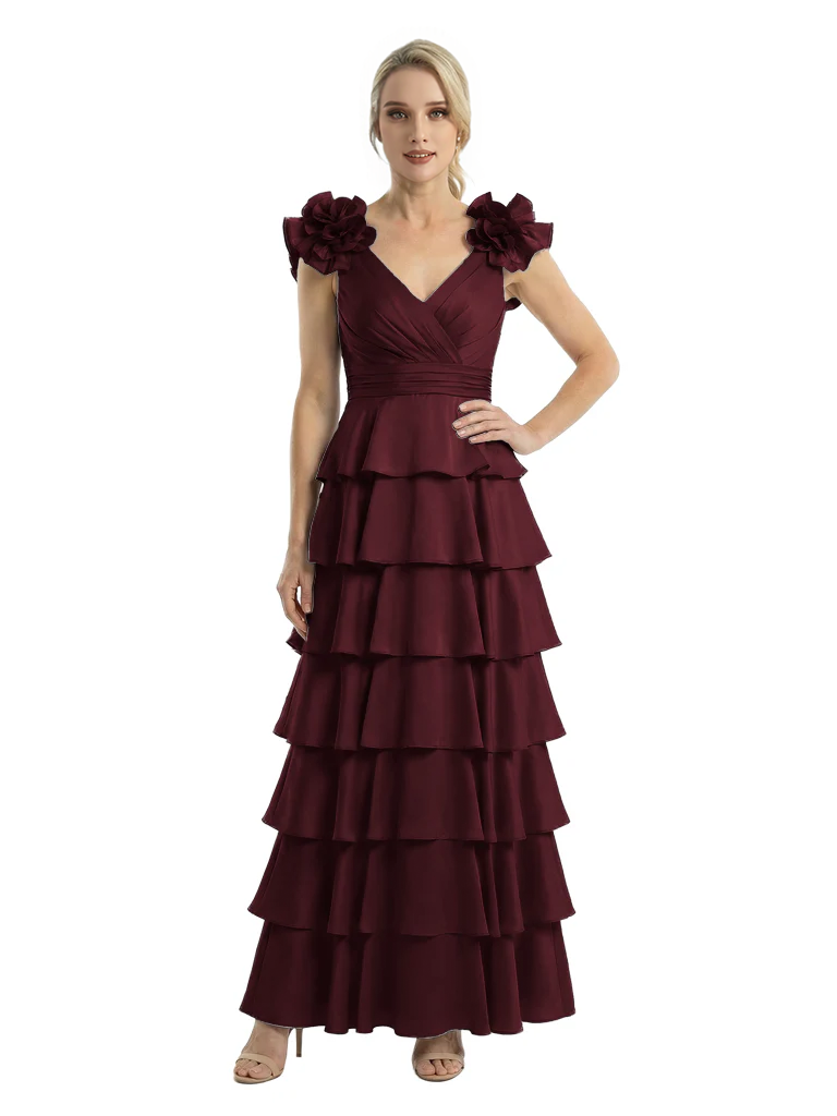 Mother of The Bride Dresses V-Neck Sleeveless Satin Tiered Maxi Gown Unique Flower Detailed Formal Wedding Event Attire
