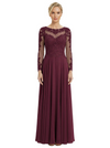 Mother of The Bride Dresses Scoop Long Sleeve Lace Chiffon Maxi Gown Pretty Embroidered Formal Wedding Event Attire
