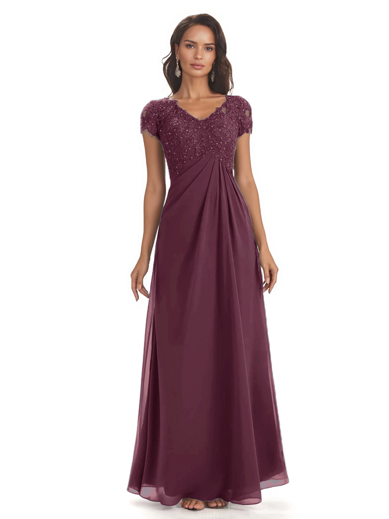 Elegant Short Sleeves Beaded Pleats A-line Floor-Length Mother of The Bride Dresses