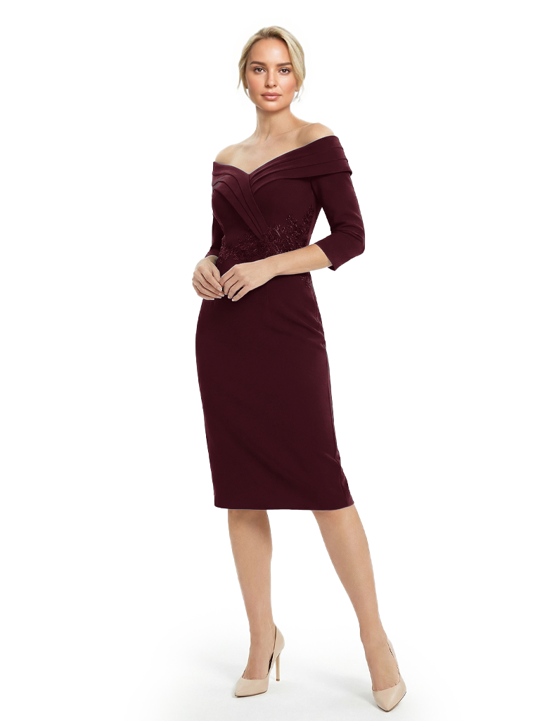 Mother of The Groom Dresses Off The Shoulder 3/4 Sleeve Satin Sheath Midi Dress Pretty Lace Detailed Formal Bridal Party Attire