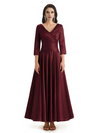 Elegant Soft Satin 3/4 Sleeves V-Neck Ankle Length Mother of The Bride Dresses