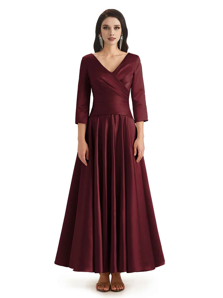 Elegant Soft Satin 3/4 Sleeves V-Neck Ankle Length Mother of The Bride Dresses
