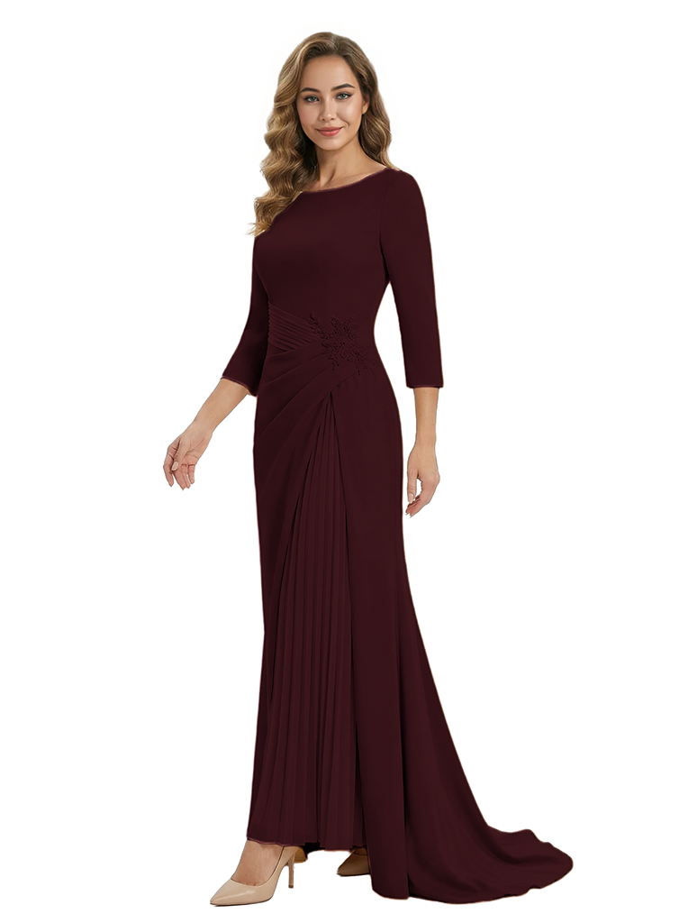 Mother of The Groom Dress Elegant Crew Scoop 3/4 Sleeve Crepe Maxi Gown Pleated Detail Classy Look