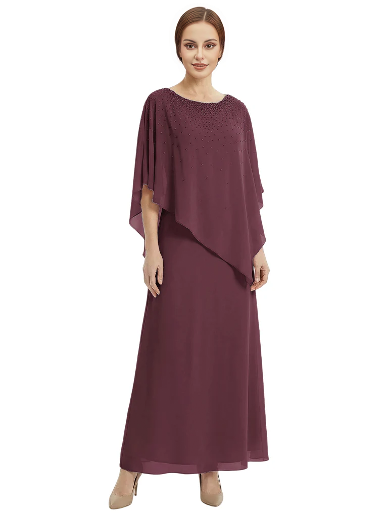Classy Beaded Chiffon Overlay Poncho Style Mother of the Bride Gown