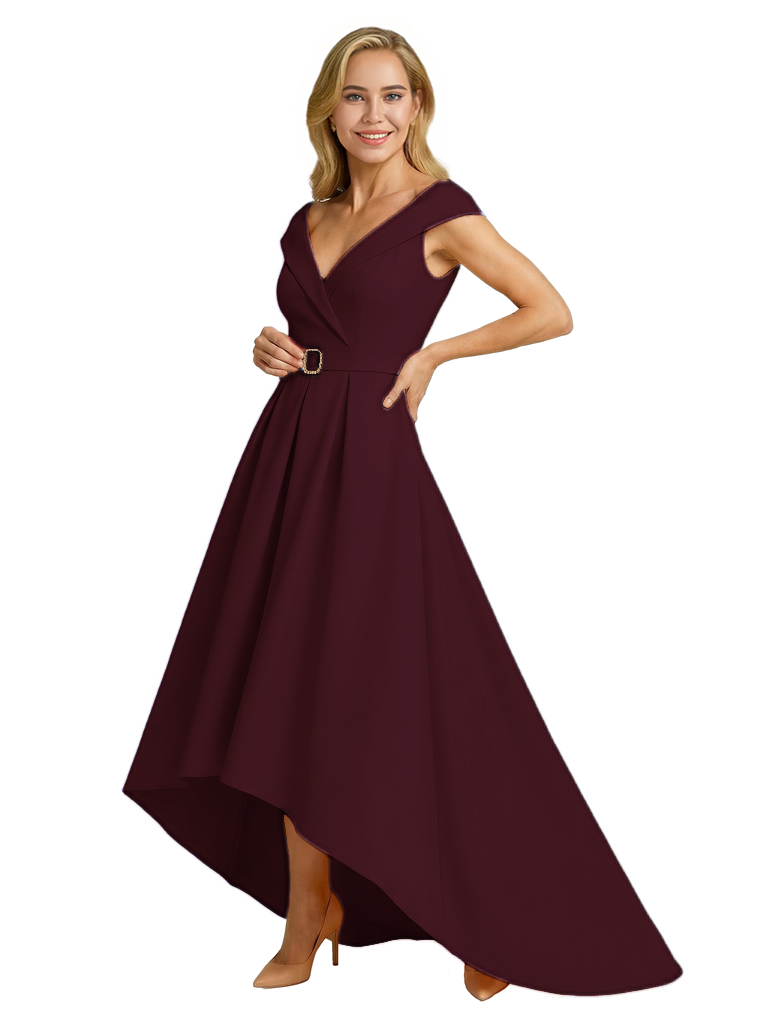Mother of The Groom Dress Fancy Cap Sleeve Crepe High-Low A-Line Gown Elegant Belt Accent