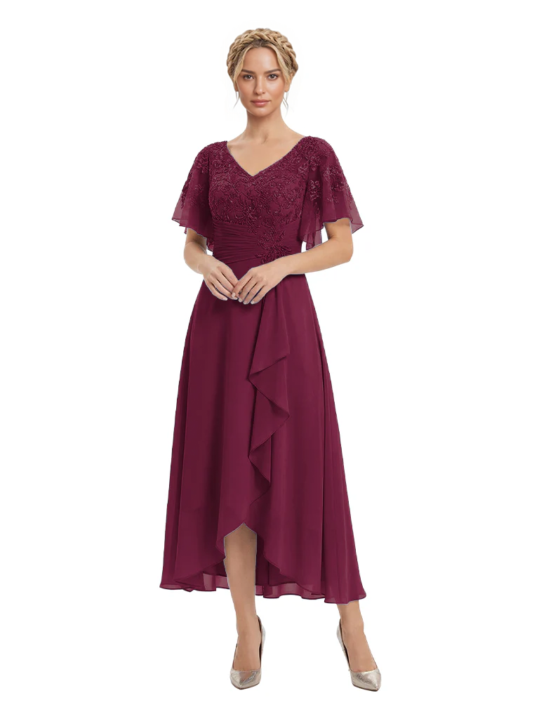Unique Flutter Sleeves Lace Beaded Short Mother of the Groom Dresses