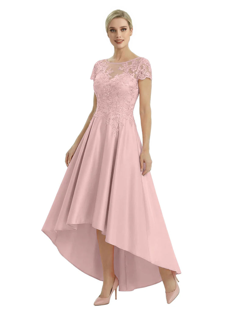 Elegant Mother of The Bride Dress Scoop Short Sleeve Lace Satin High-Low A-Line Gown