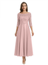 Mother of The Groom Dress Off Shoulder 3/4 Sleeve Lace Satin Midi Gown Classy Pleated