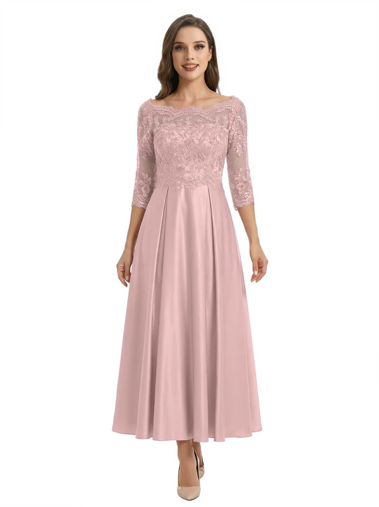Mother of The Groom Dress Off Shoulder 3/4 Sleeve Lace Satin Midi Gown Classy Pleated