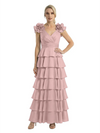 Mother of The Bride Dresses V-Neck Sleeveless Satin Tiered Maxi Gown Unique Flower Detailed Formal Wedding Event Attire
