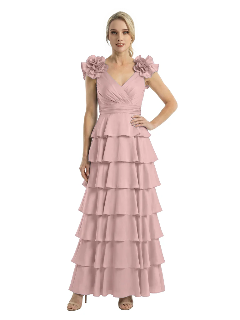 Mother of The Bride Dresses V-Neck Sleeveless Satin Tiered Maxi Gown Unique Flower Detailed Formal Wedding Event Attire