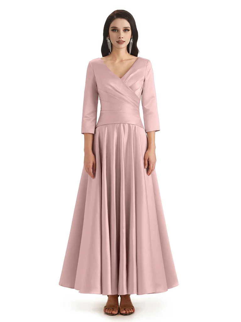 Elegant Soft Satin 3/4 Sleeves V-Neck Ankle Length Mother of The Bride Dresses