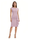 Mother of The Bride Dress Beautiful Jewel Cap Sleeve Crepe Sheath Midi Gown Ruffled Stylish Design