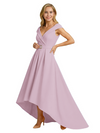 Mother of The Groom Dress Fancy Cap Sleeve Crepe High-Low A-Line Gown Elegant Belt Accent