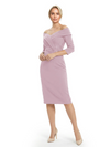 Mother of The Groom Dresses Off The Shoulder 3/4 Sleeve Satin Sheath Midi Dress Pretty Lace Detailed Formal Bridal Party Attire