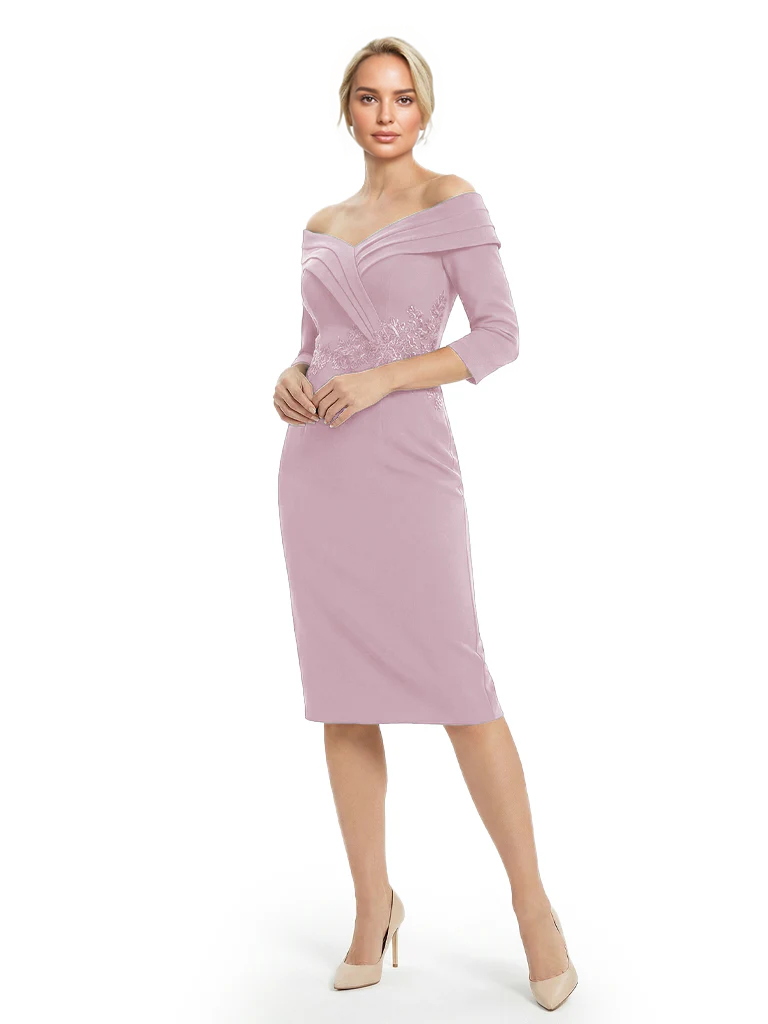 Mother of The Groom Dresses Off The Shoulder 3/4 Sleeve Satin Sheath Midi Dress Pretty Lace Detailed Formal Bridal Party Attire
