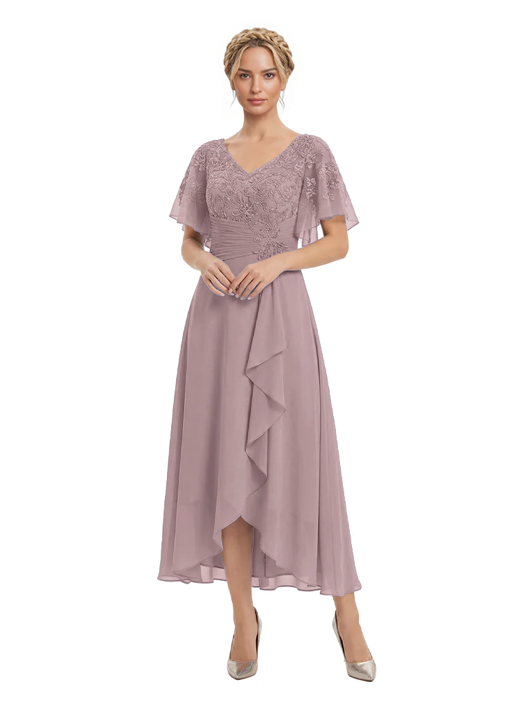 Unique Flutter Sleeves Lace Beaded Short Mother of the Groom Dresses