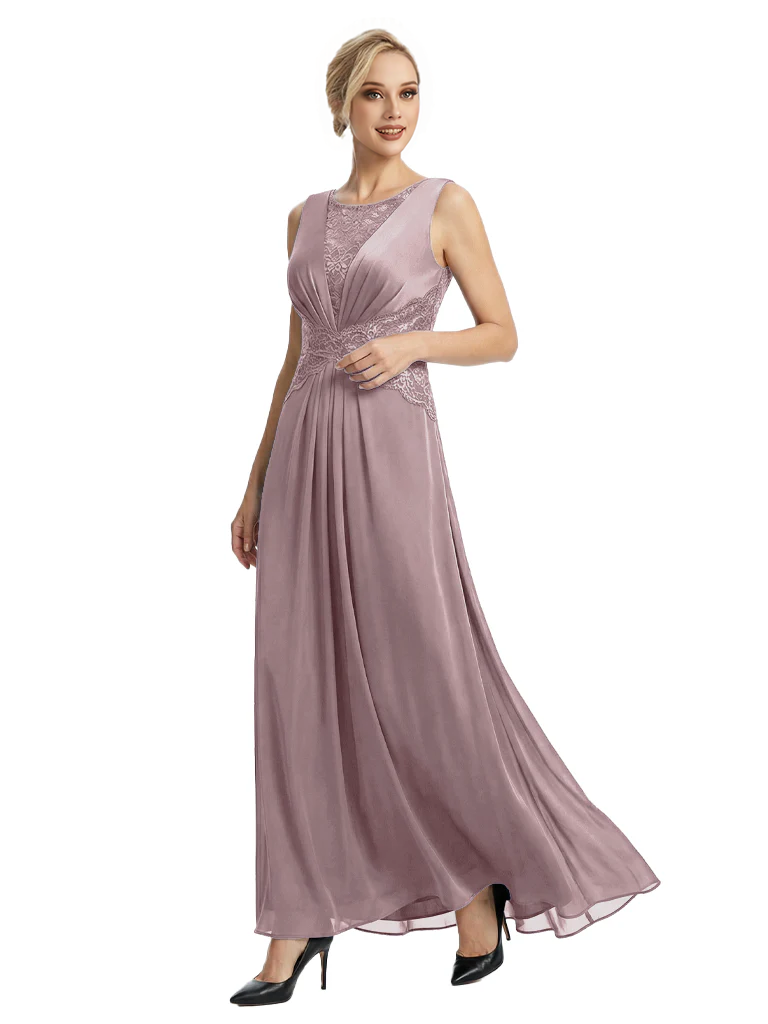 Mother of The Bride Dresses Scoop Sleeveless Lace Chiffon Maxi Gown Classy Ruched Formal Wedding Event Dress