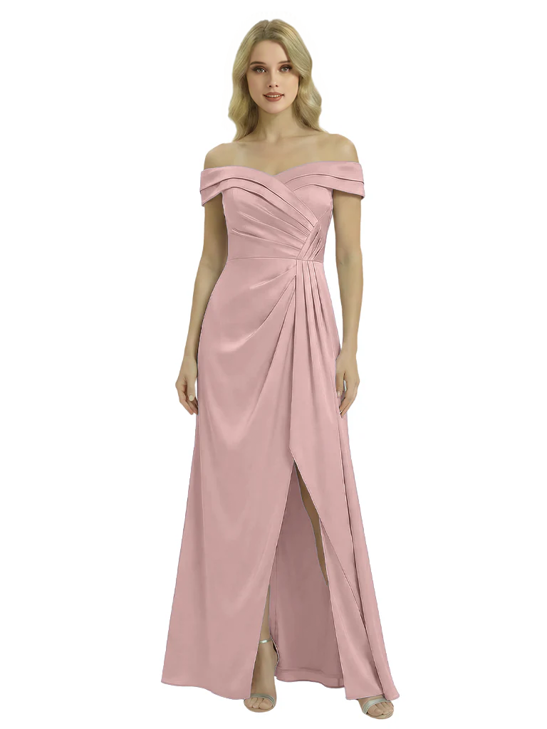 Off The Shoulder Mother Of The Groom Dresses Side Slit Satin Ruched A-Line Gown