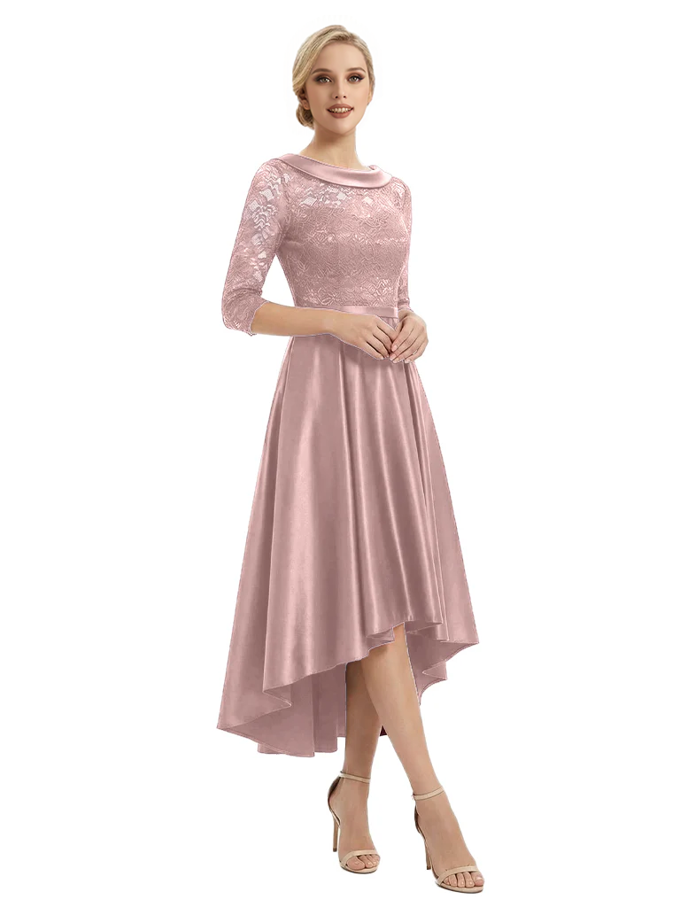 Elegant Boat Neck Satin Lace Mother Of The Bride Dresses High-Low A-Line Gowns