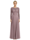 Mother of The Bride Dresses Scoop Long Sleeve Lace Chiffon Maxi Gown Pretty Embroidered Formal Wedding Event Attire
