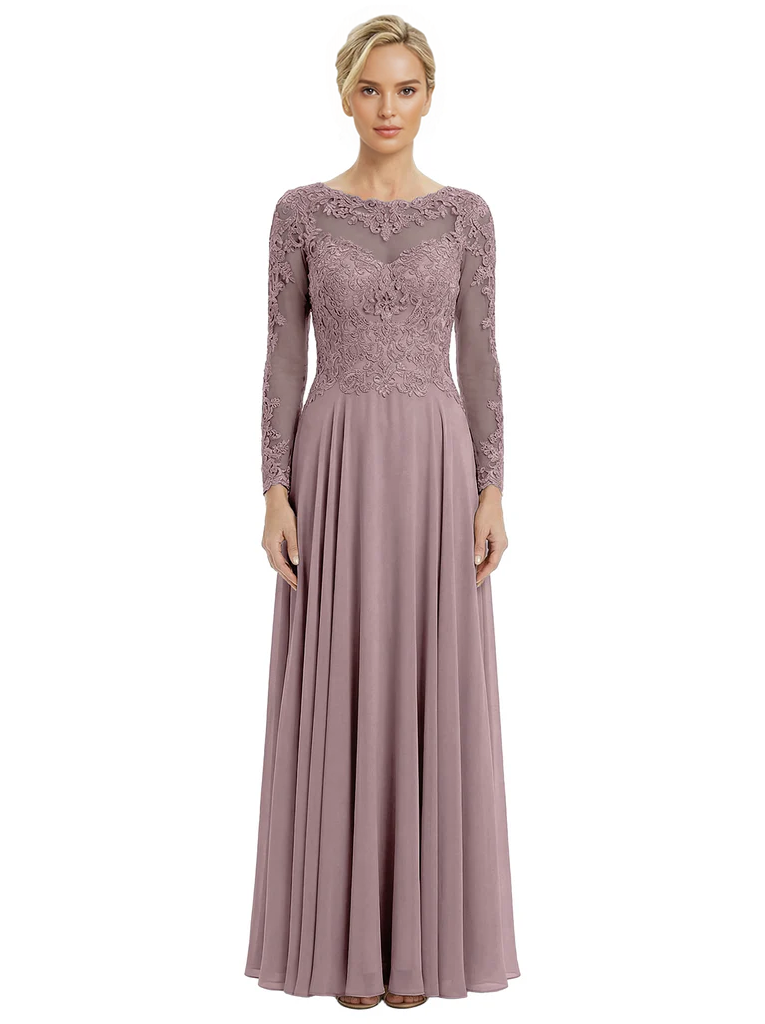 Mother of The Bride Dresses Scoop Long Sleeve Lace Chiffon Maxi Gown Pretty Embroidered Formal Wedding Event Attire
