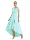 Elegant Mother of The Bride Dress Scoop Short Sleeve Lace Satin High-Low A-Line Gown