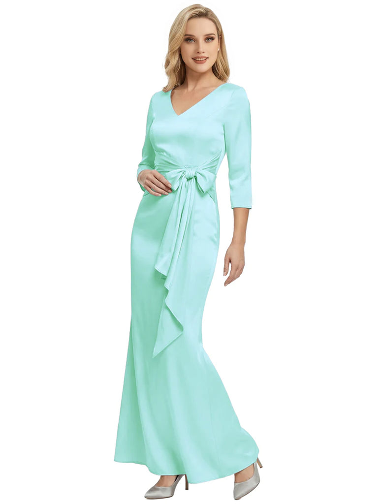 Mother of The Bride Dress Elegant V-Neck 3/4 Sleeve Satin Trumpet Maxi Gown