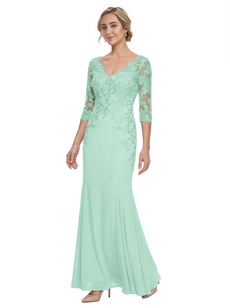 Mother of The Bride Gown V-Neck Half Sleeve Lace Chiffon Trumpet Maxi Dress Unique Sophisticated