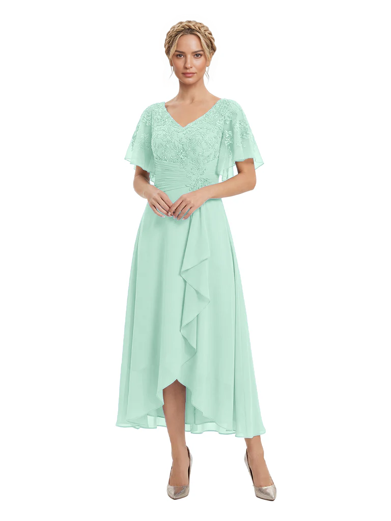 Unique Flutter Sleeves Lace Beaded Short Mother of the Groom Dresses