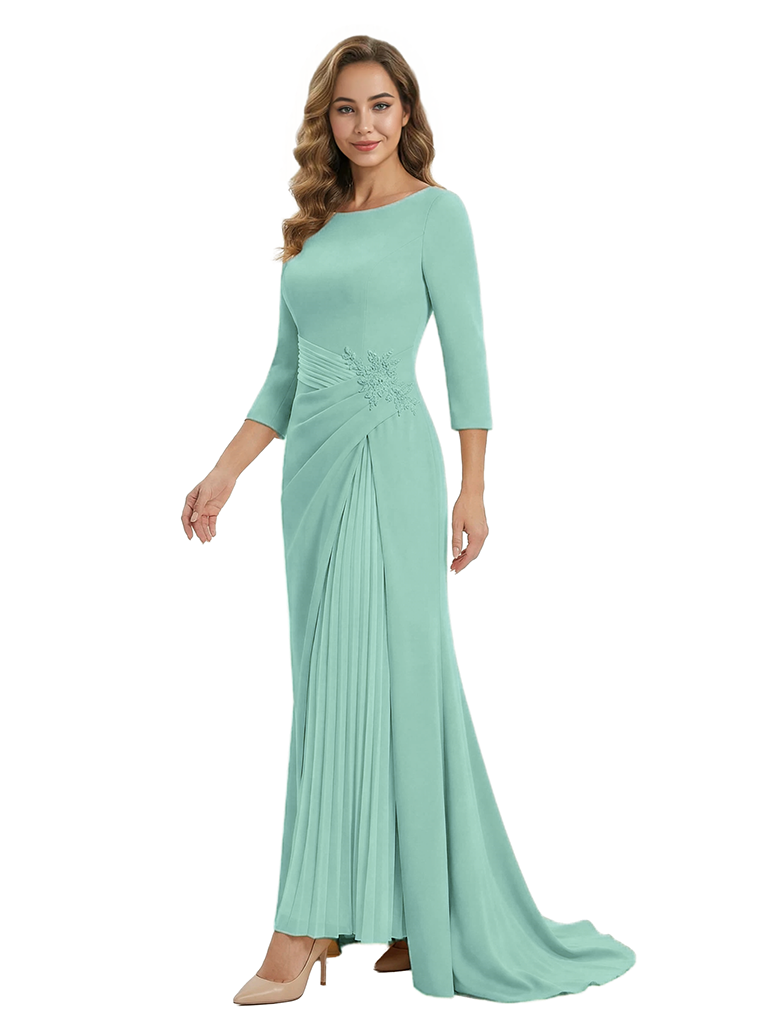 Mother of The Groom Dress Elegant Crew Scoop 3/4 Sleeve Crepe Maxi Gown Pleated Detail Classy Look