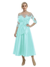 Unique Off Shoulder Tea-Length Satin Mother Of The Bride Dress With Lace Illusion