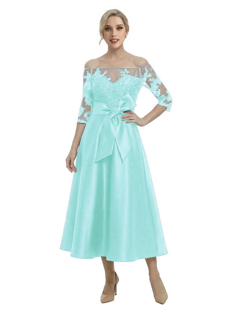 Unique Off Shoulder Tea-Length Satin Mother Of The Bride Dress With Lace Illusion