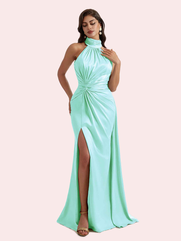 Elegant Mermaid Pleats Side Slit Halter Soft Satin Long Bridesmaid Dress For Wedding Elegant Mermaid Pleats Side Slit Halter Soft Satin Long Bridesmaid Dress For Wedding