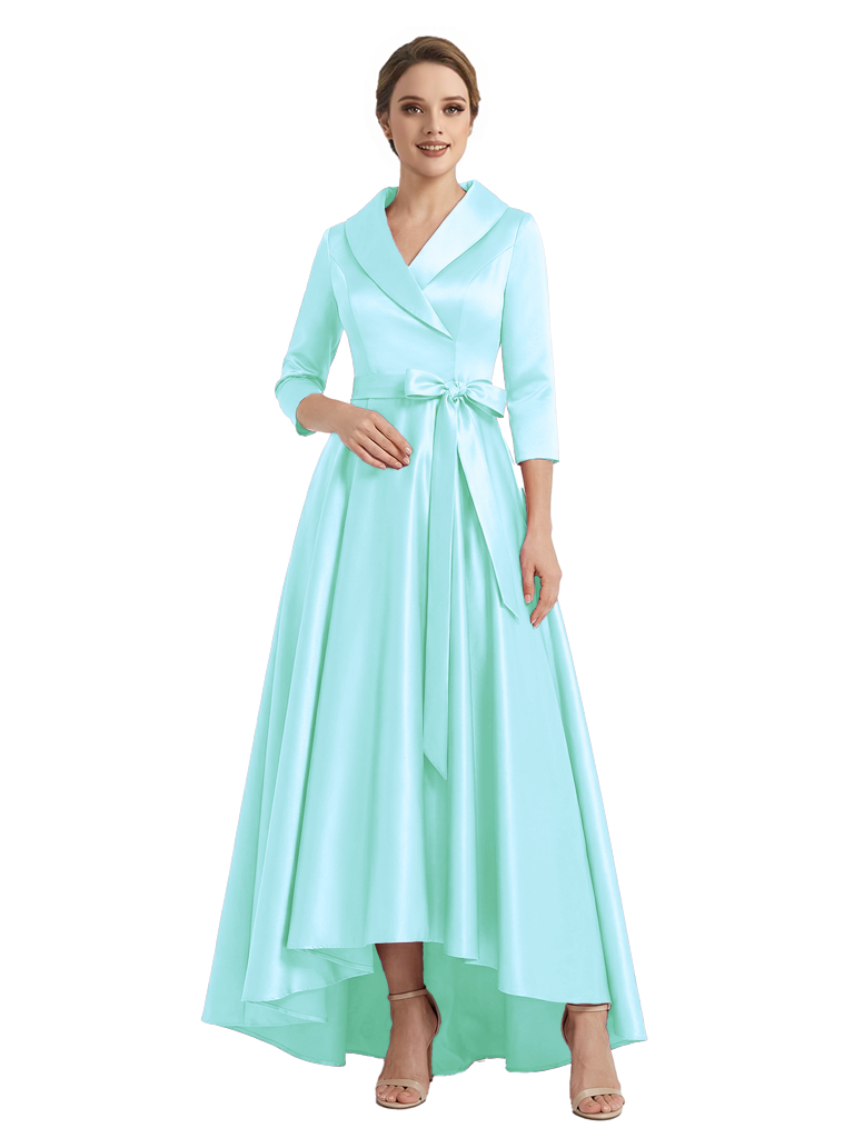 Modern High-Low 3/4 Sleeves Satin Mother Of The Bride Dress With Bow Knot
