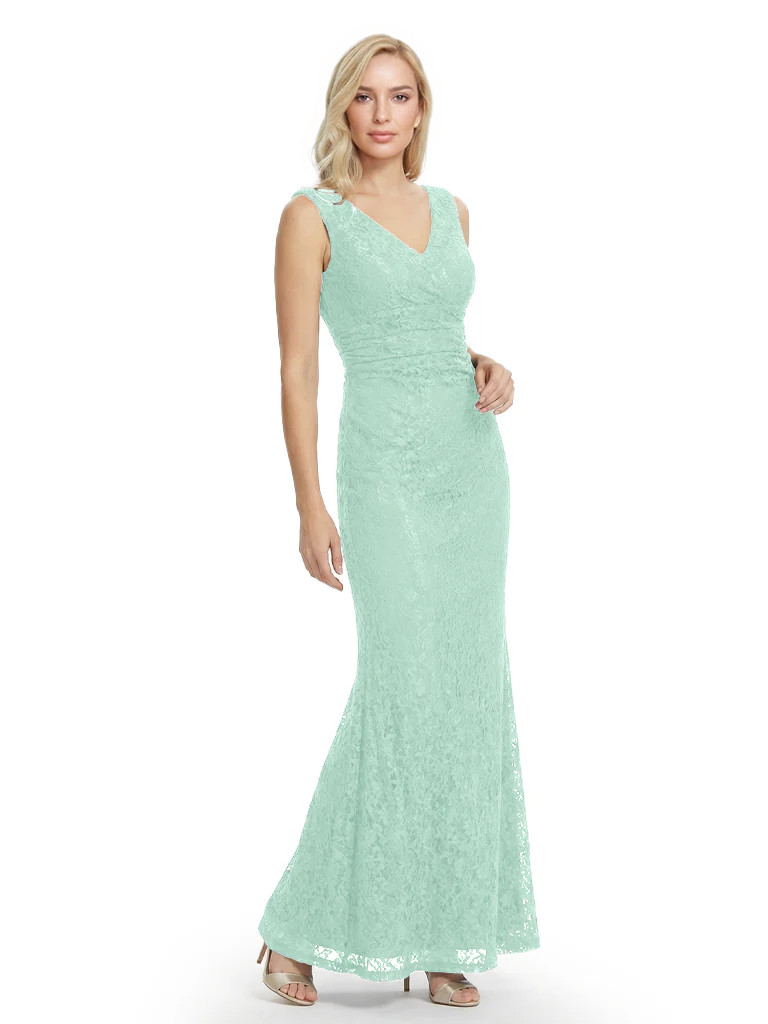 Mother of The Bride Dresses V-Neck Sleeveless Lace Mermaid Maxi Gown Elegant Flowy Formal Wedding Event Dress