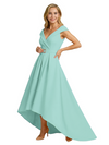 Mother of The Groom Dress Fancy Cap Sleeve Crepe High-Low A-Line Gown Elegant Belt Accent