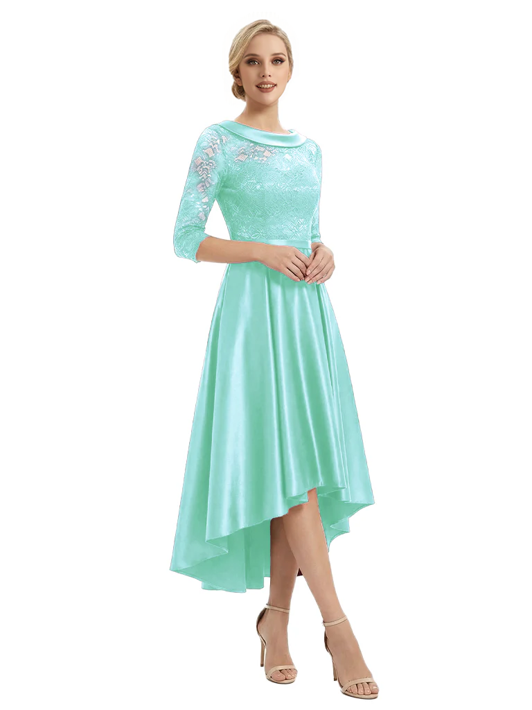 Elegant Boat Neck Satin Lace Mother Of The Bride Dresses High-Low A-Line Gowns