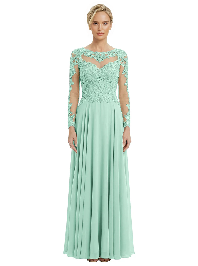 Mother of The Bride Dresses Scoop Long Sleeve Lace Chiffon Maxi Gown Pretty Embroidered Formal Wedding Event Attire