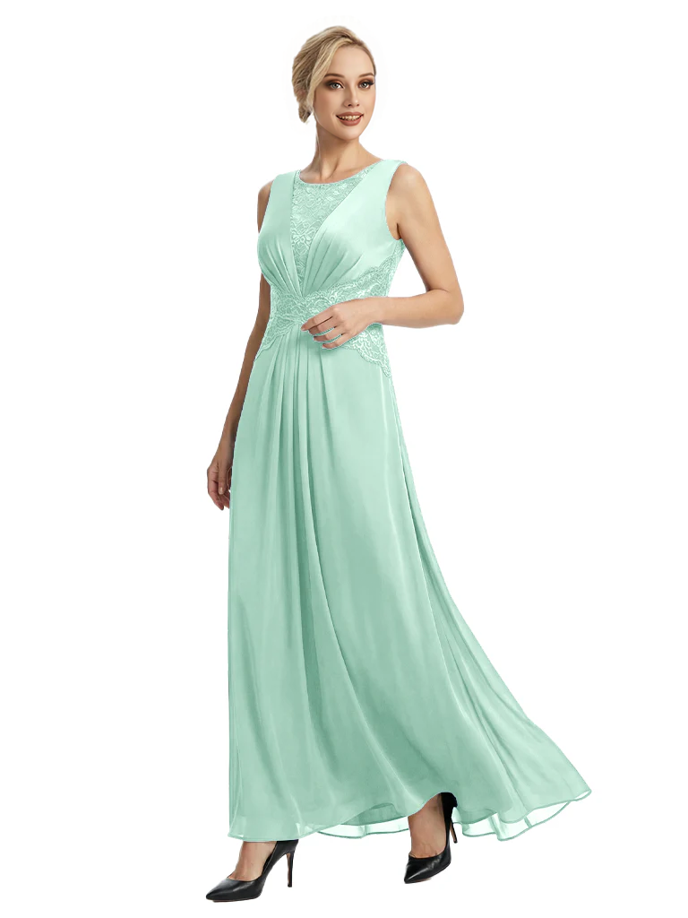 Mother of The Bride Dresses Scoop Sleeveless Lace Chiffon Maxi Gown Classy Ruched Formal Wedding Event Dress