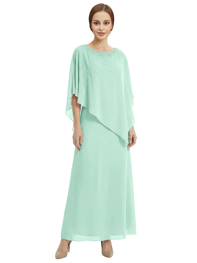 Classy Beaded Chiffon Overlay Poncho Style Mother of the Bride Gown