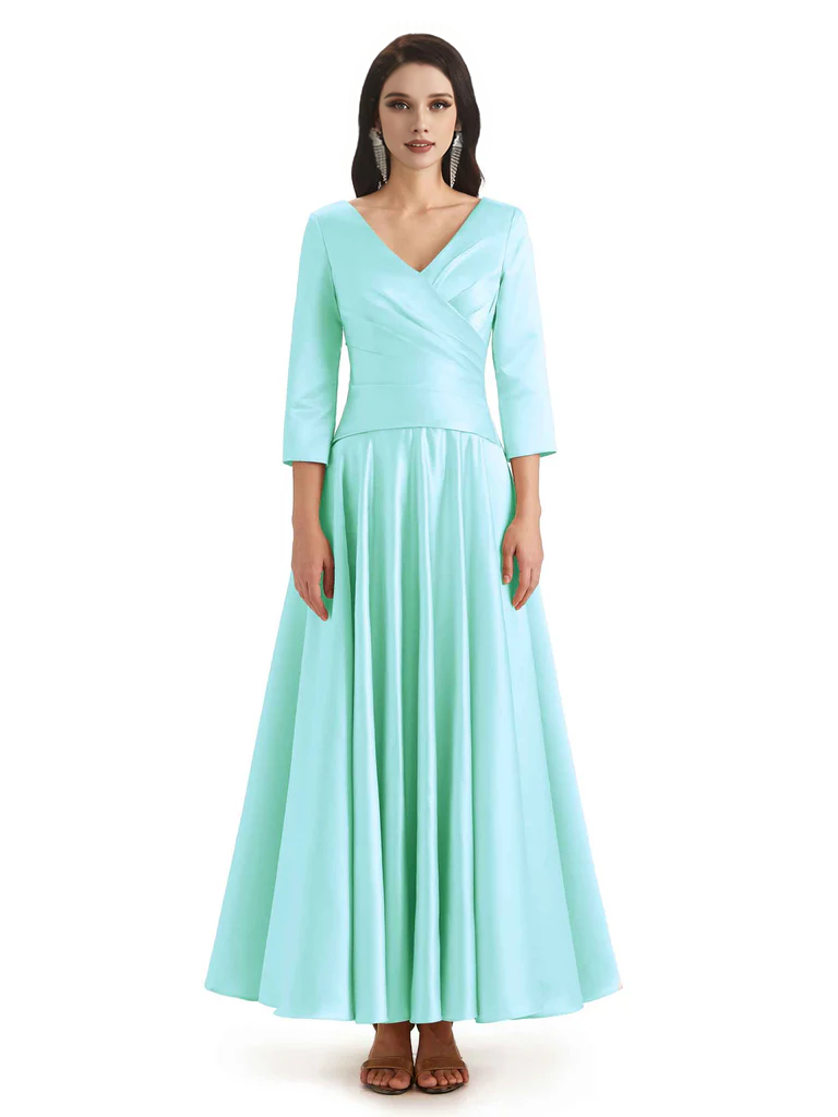 Elegant Soft Satin 3/4 Sleeves V-Neck Ankle Length Mother of The Bride Dresses