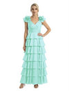 Mother of The Bride Dresses V-Neck Sleeveless Satin Tiered Maxi Gown Unique Flower Detailed Formal Wedding Event Attire