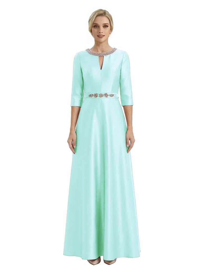 Sophisticated 3/4 Sleeves Beaded A-Line Satin Mother Of The Bride Dress
