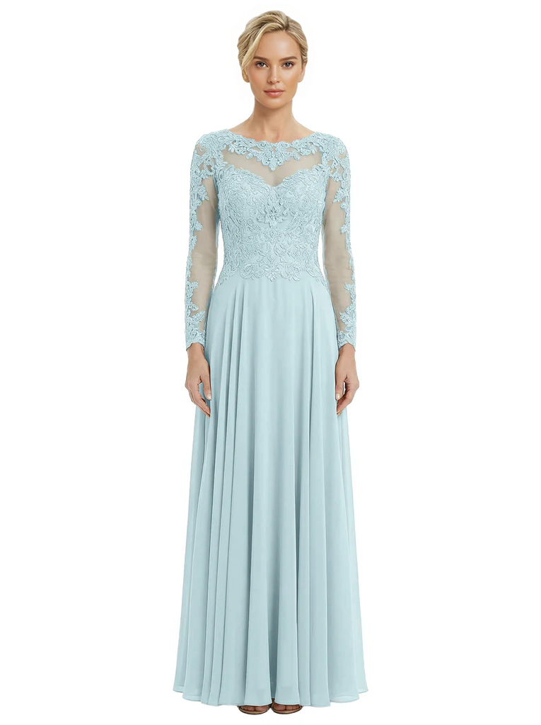 Mother of The Bride Dresses Scoop Long Sleeve Lace Chiffon Maxi Gown Pretty Embroidered Formal Wedding Event Attire