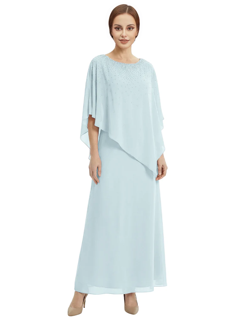 Classy Beaded Chiffon Overlay Poncho Style Mother of the Bride Gown