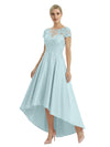 Elegant Mother of The Bride Dress Scoop Short Sleeve Lace Satin High-Low A-Line Gown