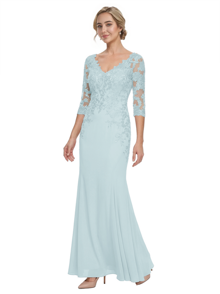Mother of The Bride Gown V-Neck Half Sleeve Lace Chiffon Trumpet Maxi Dress Unique Sophisticated